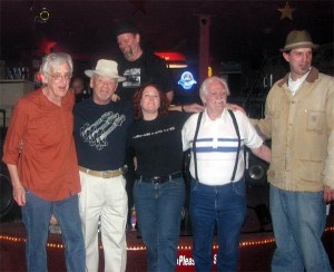 Hal (second to left) and friends with guitar legend Bill Kirchen (far left) during a swing through SLC (L to R: Kirchen, Hal, Dan Weldon above Hal, Korene Greenwood, original Three Aces guitarist Jimmy Blevins, and Brad Wheeler; Greenwood currently leads her own group Korene & Company, and Weldon and Wheeler perform as a well-esteemed blues duo called the Legendary Porch Pounders)